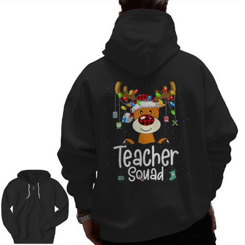Teacher Squad Red Plaid Rudolph Reindeer Christmas Men Zip Up Hoodie Back Print - teacherstshirts.com
