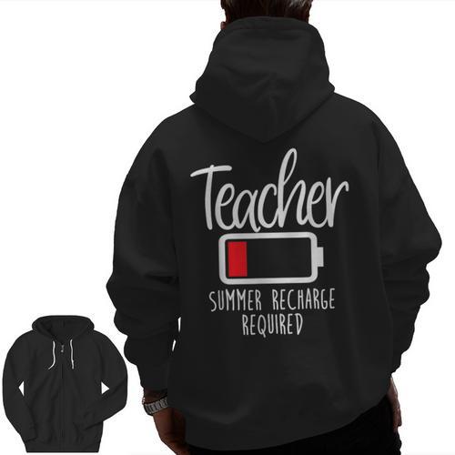 Teacher Summer Recharge Required Last Day School Women Men Zip Up Hoodie Back Print - teacherstshirts.com CA