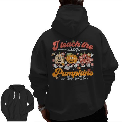 Teacher I Teach The Cutest Pumpkins In The Patch Fall Autumn Men Zip Up Hoodie Back Print - teacherstshirts.com UK