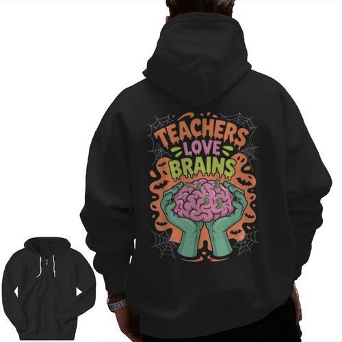 Teacher Teachers Love Brains Halloween Men Women Men Zip Up Hoodie Back Print - teacherstshirts.com