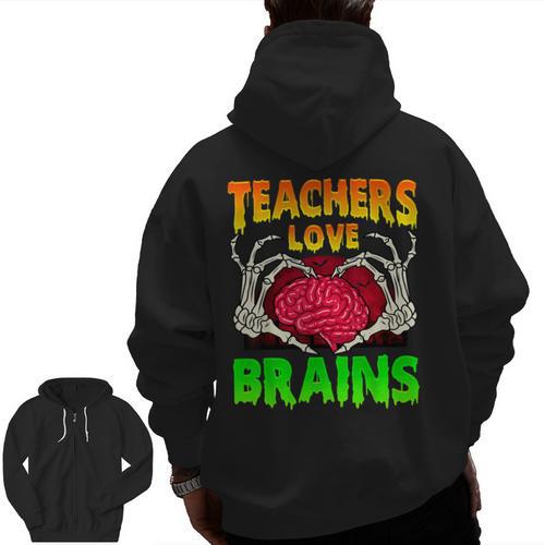 Teacher Teachers Love Brains Skeleton Hand Heart Halloween Men Zip Up Hoodie Back Print - teacherstshirts.com AU