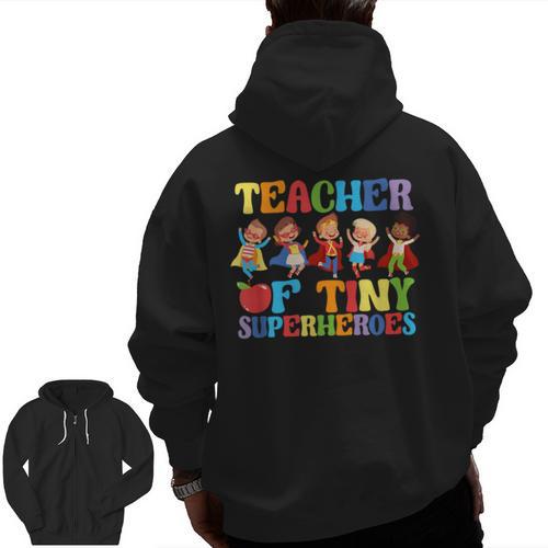 Teacher Of Tiny Superheroes Teach 100th Day Of School Men Zip Up Hoodie Back Print - teacherstshirts.com AU