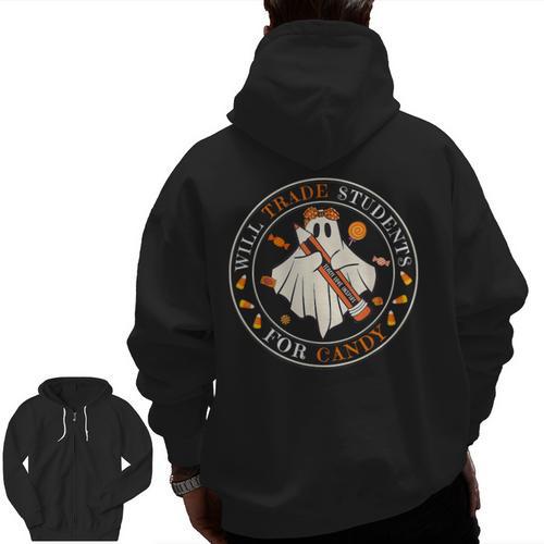 Teacher Will Trade Students For Candy Easy Halloween Costume Men Zip Up Hoodie Back Print - teacherstshirts.com CA