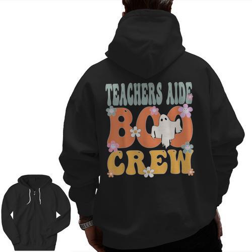 Teachers Aide Boo Crew Ghost Groovy Halloween For Women Men Zip Up Hoodie Back Print - teacherstshirts.com AU