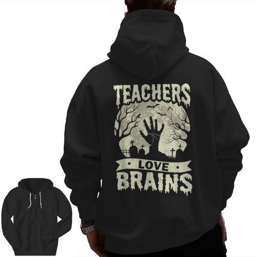 Teachers Love Brains Halloween Costume Boo Trick Teach Men Zip Up Hoodie Back Print - teacherstshirts.com DE