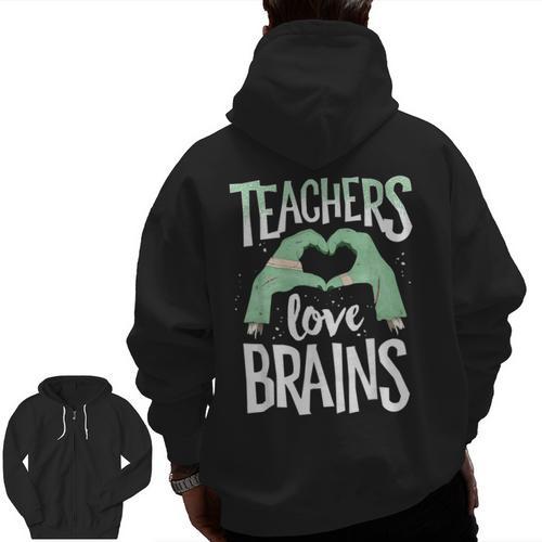 Teachers Love Brains Halloween Costume Trick Treat Zombie Men Zip Up Hoodie Back Print - teacherstshirts.com CA