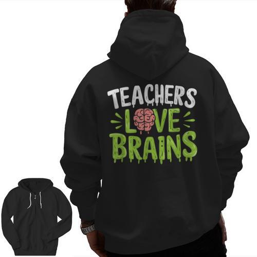 Teachers Love Brains Halloween Teacher Zombie Men Zip Up Hoodie Back Print - teacherstshirts.com CA