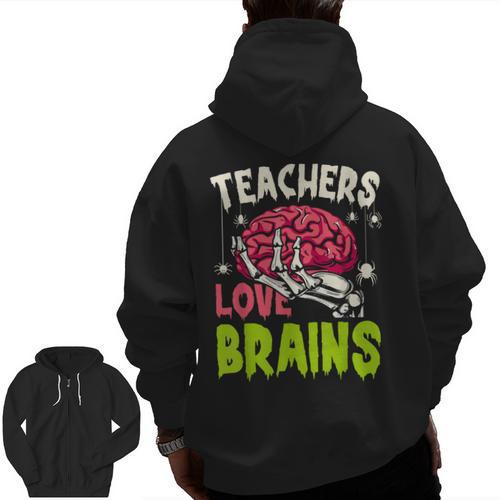 Teachers Love Brains Skeleton Halloween Teacher Funny Men Zip Up Hoodie Back Print - teacherstshirts.com DE