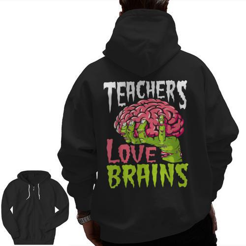 Teachers Love Brains Zombie Teacher Halloween Zombies Men Zip Up Hoodie Back Print - teacherstshirts.com AU