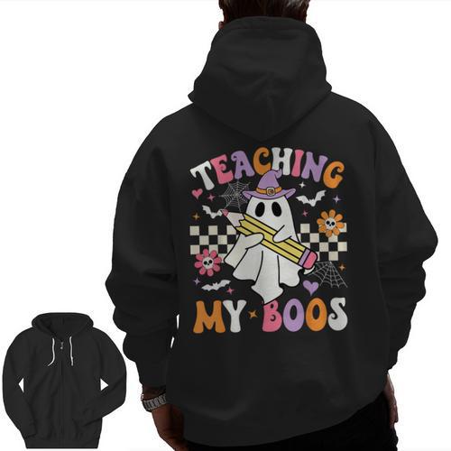 Teaching My Boos Ghost Teacher Cute Groovy Halloween Teacher Men Zip Up Hoodie Back Print - teacherstshirts.com AU