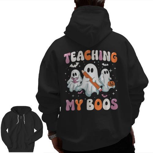 Teaching My Boos Teacher Cute Ghost Teacher Halloween Men Zip Up Hoodie Back Print - teacherstshirts.com AU