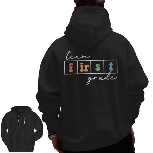 Team First Grade Back To School 1st Grade Teacher Kids Cute Men Zip Up Hoodie Back Print - teacherstshirts.com AU