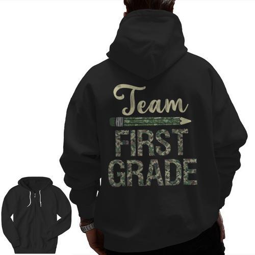 Team First Grade Camo 1st Grade Teacher Camouflage Men Zip Up Hoodie Back Print - teacherstshirts.com UK