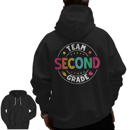 Team Second Grade Teacher Back To School 2nd Grade Squad Men Zip Up Hoodie Back Print - teacherstshirts.com CA