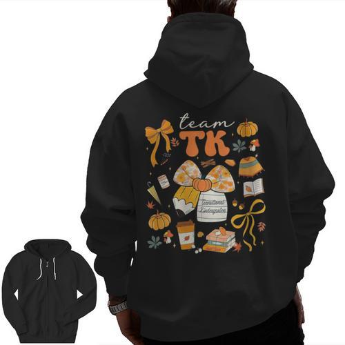 Team TK Crew Preppy Coquette Bow Pumpkin Fall TK Teacher Men Zip Up Hoodie Back Print - teacherstshirts.com AU