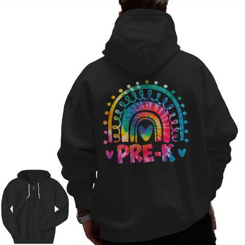 Tie Dye Prek Teacher Rainbow Preschool Back To School Girl Men Zip Up Hoodie Back Print - teacherstshirts.com AU