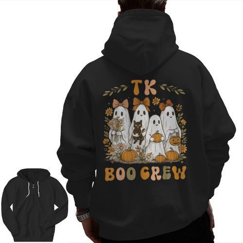 TK Boo Crew Preppy Halloween Floral Ghost TK Teacher Team TK Men Zip Up Hoodie Back Print - teacherstshirts.com CA