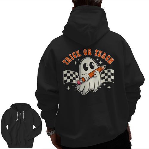 Trick Or Teach Groovy Retro Ghost Halloween Teacher Kids Men Zip Up Hoodie Back Print - teacherstshirts.com DE