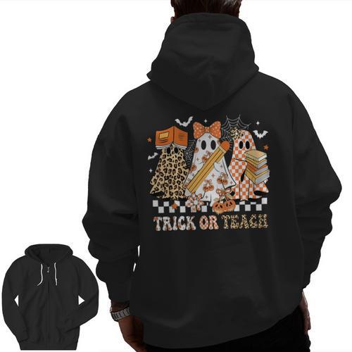 Trick Or Teach Groovy Teacher Halloween Floral Ghost Men Zip Up Hoodie Back Print - teacherstshirts.com UK