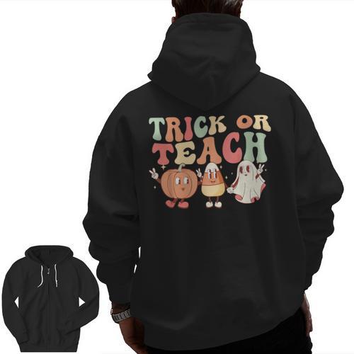 Trick Or Teach Pumpkin Candy Corn Ghost Halloween Teacher Men Zip Up Hoodie Back Print - teacherstshirts.com CA