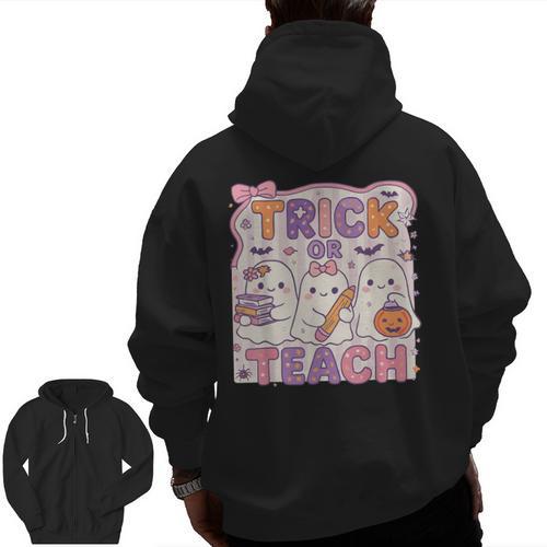 Trick Or Teach Retro Halloween Teacher Look Men Zip Up Hoodie Back Print - teacherstshirts.com
