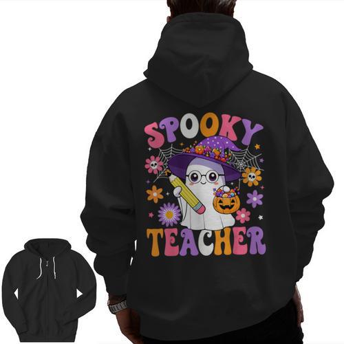 Trick Or Teach Spooky Teacher Ghost Halloween Teacher Men Zip Up Hoodie Back Print - teacherstshirts.com CA
