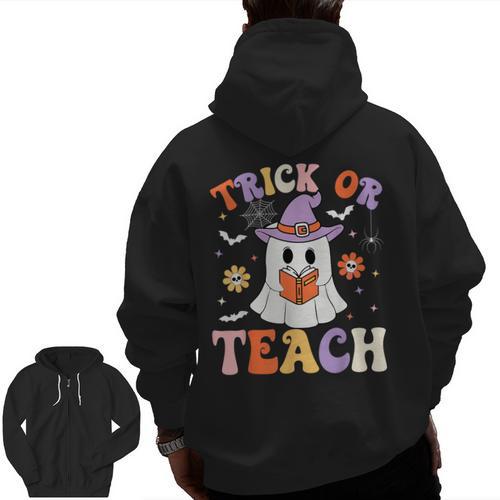 Trick Or Teach Teacher Groovy Ghost Halloween Teacher Men Zip Up Hoodie Back Print - teacherstshirts.com CA
