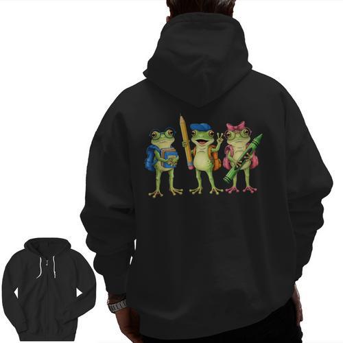 Trio Cute Frogs Welcome Back To School Teachers Girls Boys Men Zip Up Hoodie Back Print - teacherstshirts.com