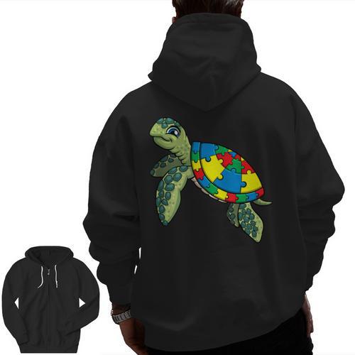 Turtle Puzzle Pieces For Autism Awareness Kids Women Teacher Men Zip Up Hoodie Back Print - teacherstshirts.com DE