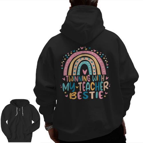 Twinning With My Teacher Bestie Rainbow Matching Teachers Men Zip Up Hoodie Back Print - teacherstshirts.com CA