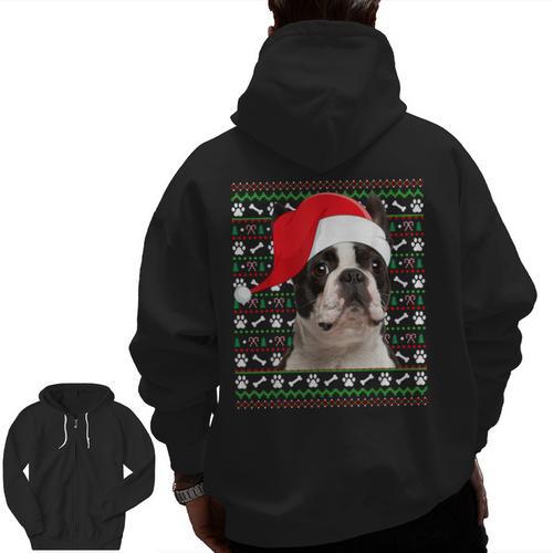 Ugly Xmas Sweater Santa Boston Terrier Dog Christmas For Men Women Kids Men Zip Up Hoodie Back Print - Bostonterriersmerch.com