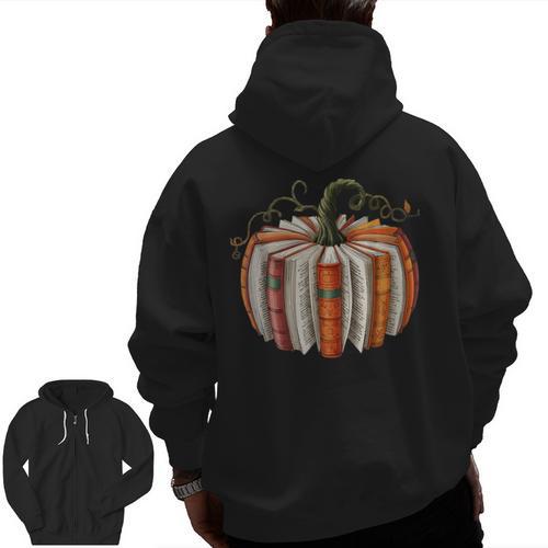 Vintage Book Pumpkin Autumn Fall Librarians Bookworm Teacher Men Zip Up Hoodie Back Print - teacherstshirts.com AU