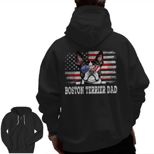 Vintage Boston Terrier Dad American Flag Father's Day Men Zip Up Hoodie Back Print - Bostonterriersmerch.com