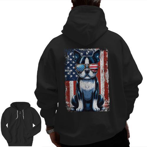 Vintage Boston Terrier Dog American USA US Flag Pets Lovers Men Zip Up Hoodie Back Print - Bostonterriersmerch.com