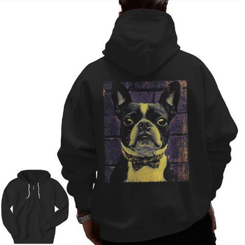 Vintage Boston Terrier Dog Men Zip Up Hoodie Back Print - Bostonterriersmerch.com
