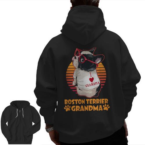 Vintage Boston Terrier Grandma Wear Sunglasses Dog Lover Men Women Girls Kids Men Zip Up Hoodie Back Print - Bostonterriersmerch.com UK