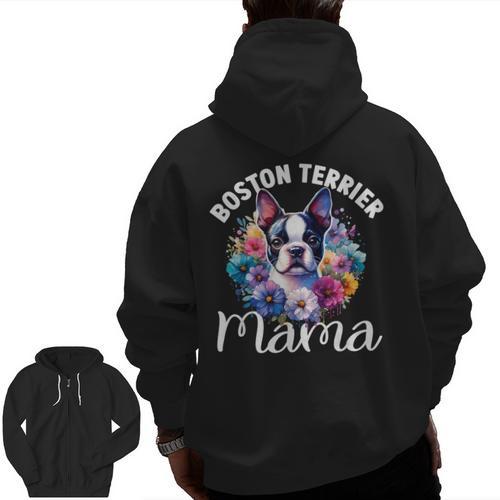 Watercolor Floral Boston Terrier Mama Dog Lover Mother's Day For Men Women Girls Kids Men Zip Up Hoodie Back Print - Bostonterriersmerch.com