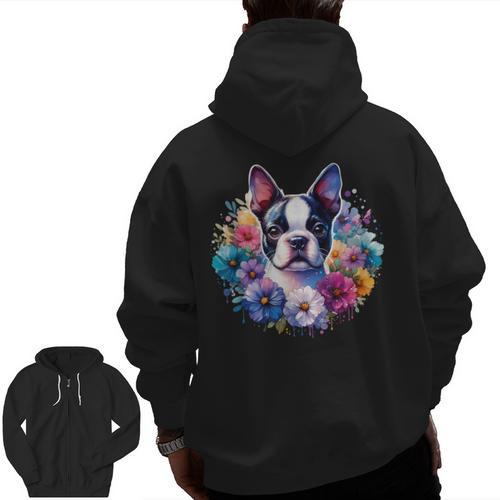Watercolor Floral Boston Terrier Mama Dog Lover Mother's Day Men Zip Up Hoodie Back Print - Bostonterriersmerch.com