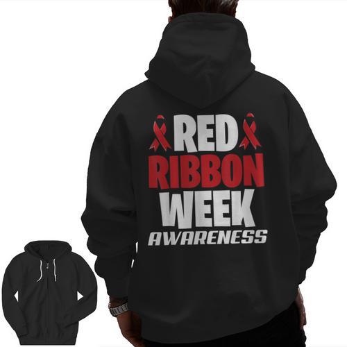 We Wear Red For Red Ribbon Week Awareness Mothers Teachers Men Zip Up Hoodie Back Print - teacherstshirts.com AU