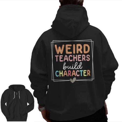 Weird Teachers Build Character Leopard Retro Teacher Men Zip Up Hoodie Back Print - teacherstshirts.com AU