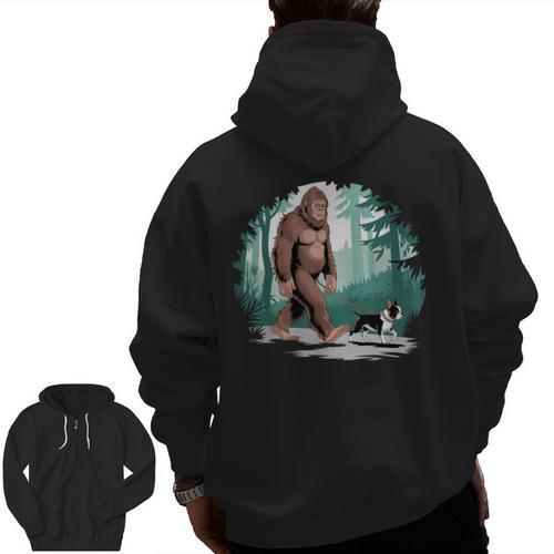 Whimsical Forest Adventures Sasquatch Bigfoot Walking Boston Terrier Dog Lovers Men Zip Up Hoodie Back Print - Bostonterriersmerch.com