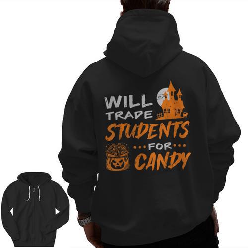 Will Trade Students For Candy Halloween Costume Teacher Men Zip Up Hoodie Back Print - teacherstshirts.com UK