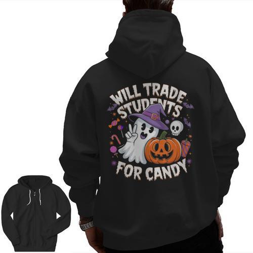 Will Trade Students For Candy Halloween Teacher Men Zip Up Hoodie Back Print - teacherstshirts.com