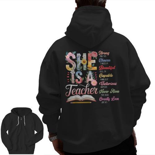 Women Bible Verse Christian Teacher God Says Back To School Men Zip Up Hoodie Back Print - teacherstshirts.com AU