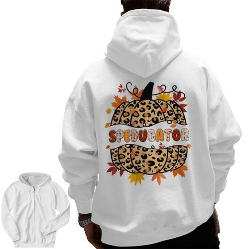 Autumn Fall SPED ED Teacher Thankful Grateful Pumpkin Retro Men Zip Up Hoodie Back Print - teacherstshirts.com CA