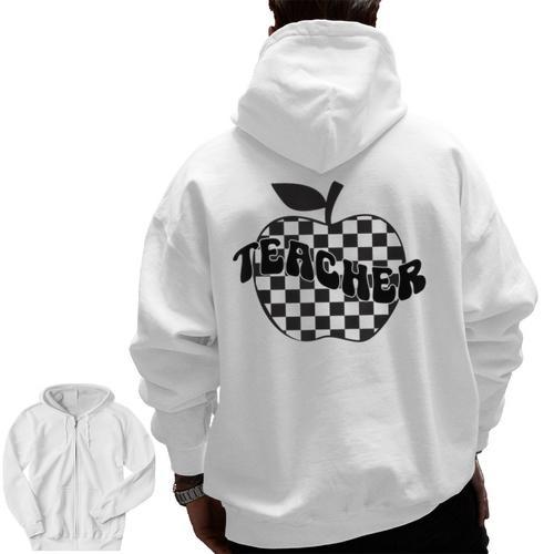 Back To School Checkered Apple Teacher Checkerboard Teacher For Men Women Girls Kids Men Zip Up Hoodie Back Print - teacherstshirts.com CA