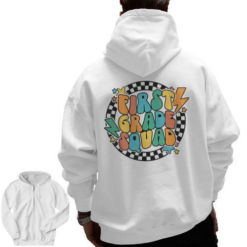 Back To School Groovy Teacher 1st First Grade Crew Squad Men Zip Up Hoodie Back Print - teacherstshirts.com UK