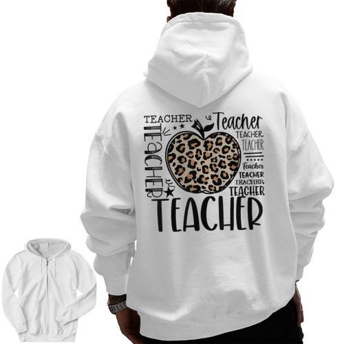Back To School Teacher Life Apple Leopard Teacher Women Men Zip Up Hoodie Back Print - teacherstshirts.com