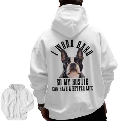 Bostie Mama Dog Dad Boston Terrier For Men Women Men Zip Up Hoodie Back Print - Bostonterriersmerch.com