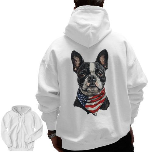 Boston Terrier American Flag Men Zip Up Hoodie Back Print - Bostonterriersmerch.com